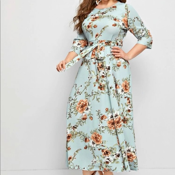 Boho green  floral print belted maxi dress - Picture 2 of 11